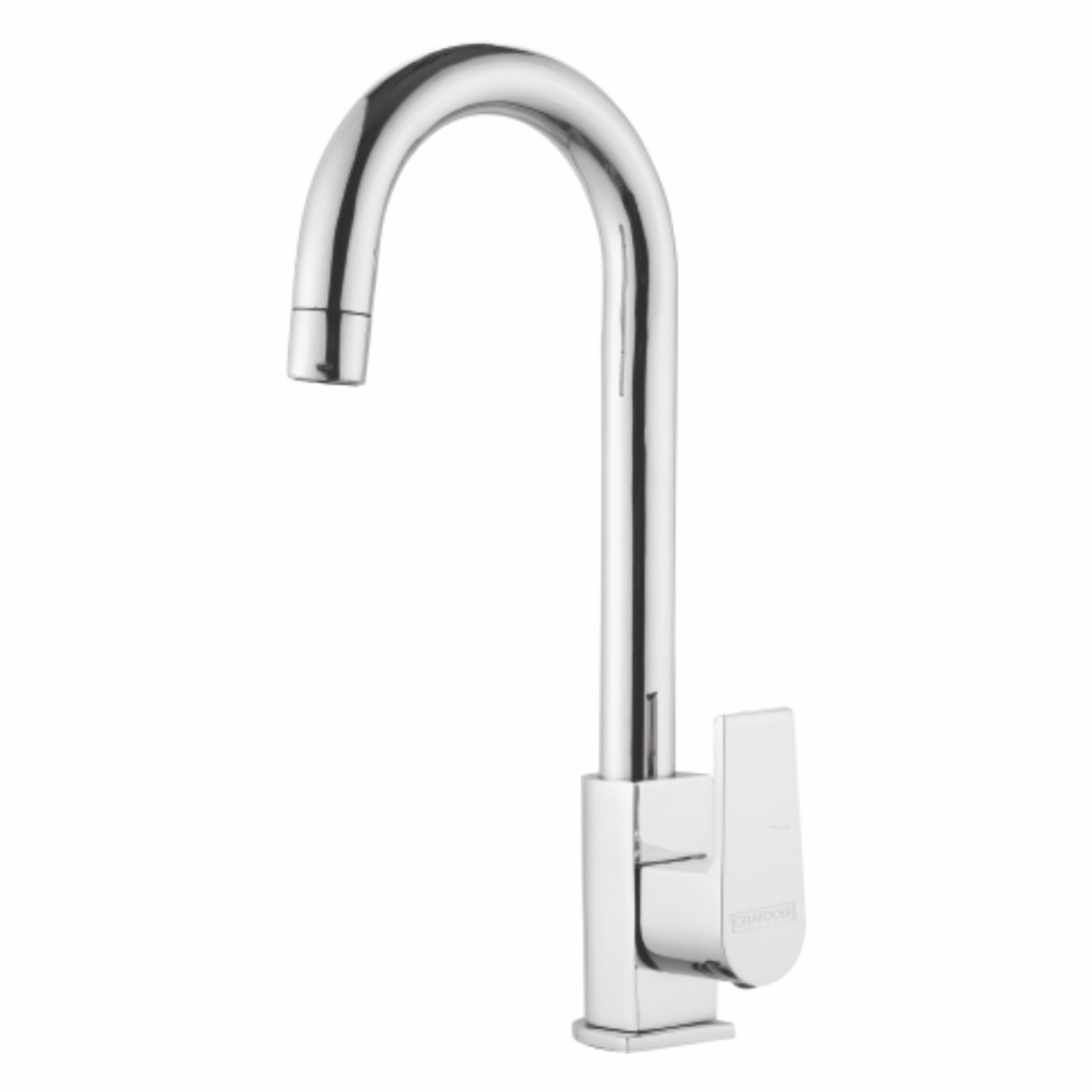 Ariq Swan Neck Pillar Cock with Swinging Spout – sleek chrome faucet with tall swan neck design and rotating spout for kitchens and bathrooms