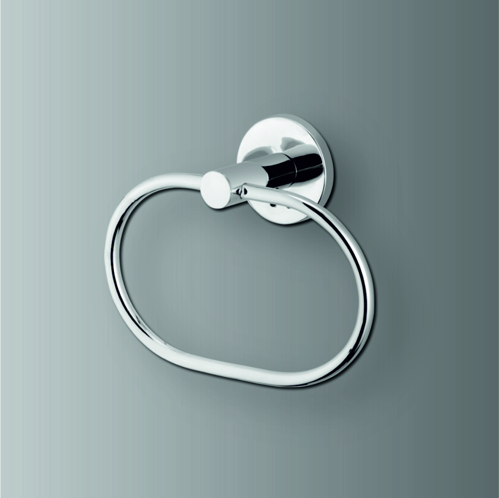 Classic bathroom towel ring mounted on wall, holding a neatly placed hand towel.